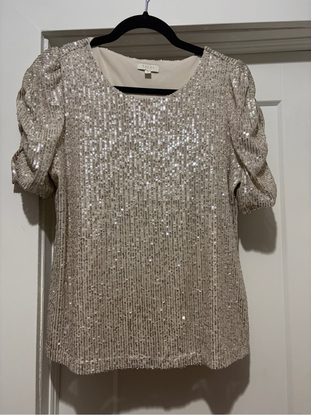 Laura Petites Women's Sequin Puff-Sleeve Top in Champagne